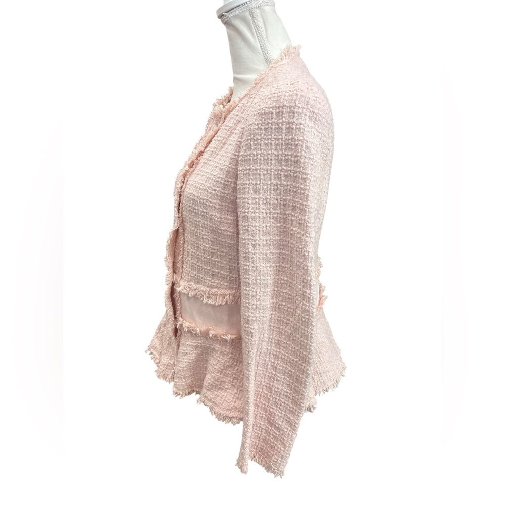Rebecca Taylor Pink Bouclé Tweed Peplum Blazer Fringe Jacket Women’s 10 - Picture 7 of 13